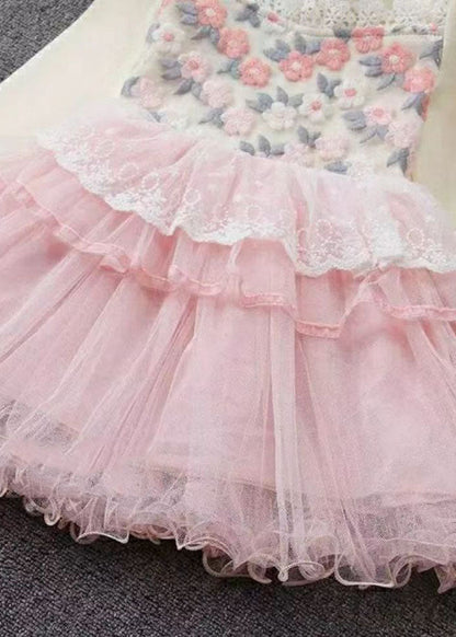 Art Pink O-Neck Lace Patchwork Floral Tulle Girls Maxi Dresses Fall Ada Fashion