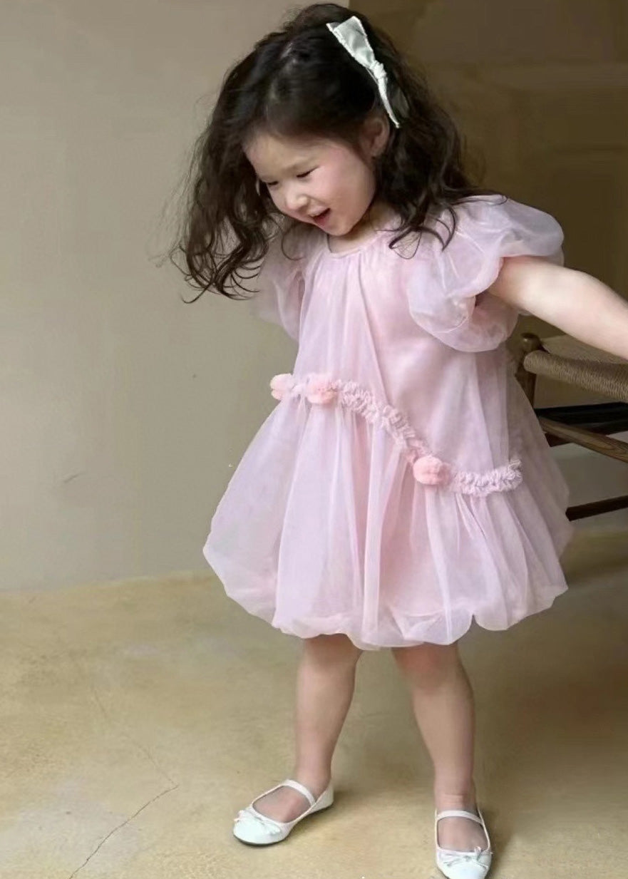 Art Pink O-Neck Patchwork Solid Tulle Baby Mid Dress Short Sleeve LY5455 - fabuloryshop