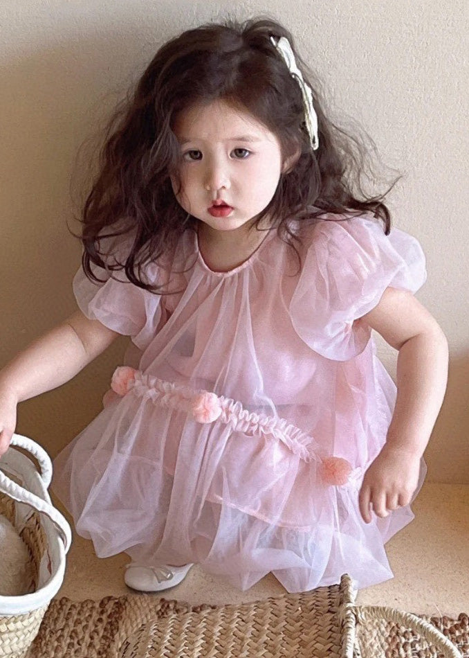 Art Pink O-Neck Patchwork Solid Tulle Baby Mid Dress Short Sleeve LY5455 - fabuloryshop