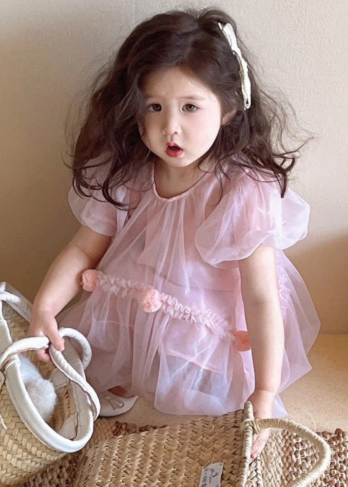Art Pink O-Neck Patchwork Solid Tulle Baby Mid Dress Short Sleeve LY5455 - fabuloryshop