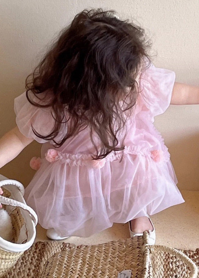 Art Pink O-Neck Patchwork Solid Tulle Baby Mid Dress Short Sleeve LY5455 - fabuloryshop