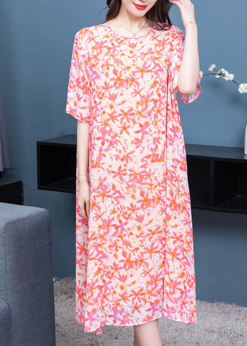 Art Pink O Neck Print Patchwork Chiffon Dresses Summer LY6509 - fabuloryshop