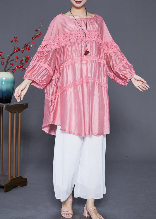 Art Pink Oversized Lace Patchwork Chiffon Vacation Dress Summer Ada Fashion