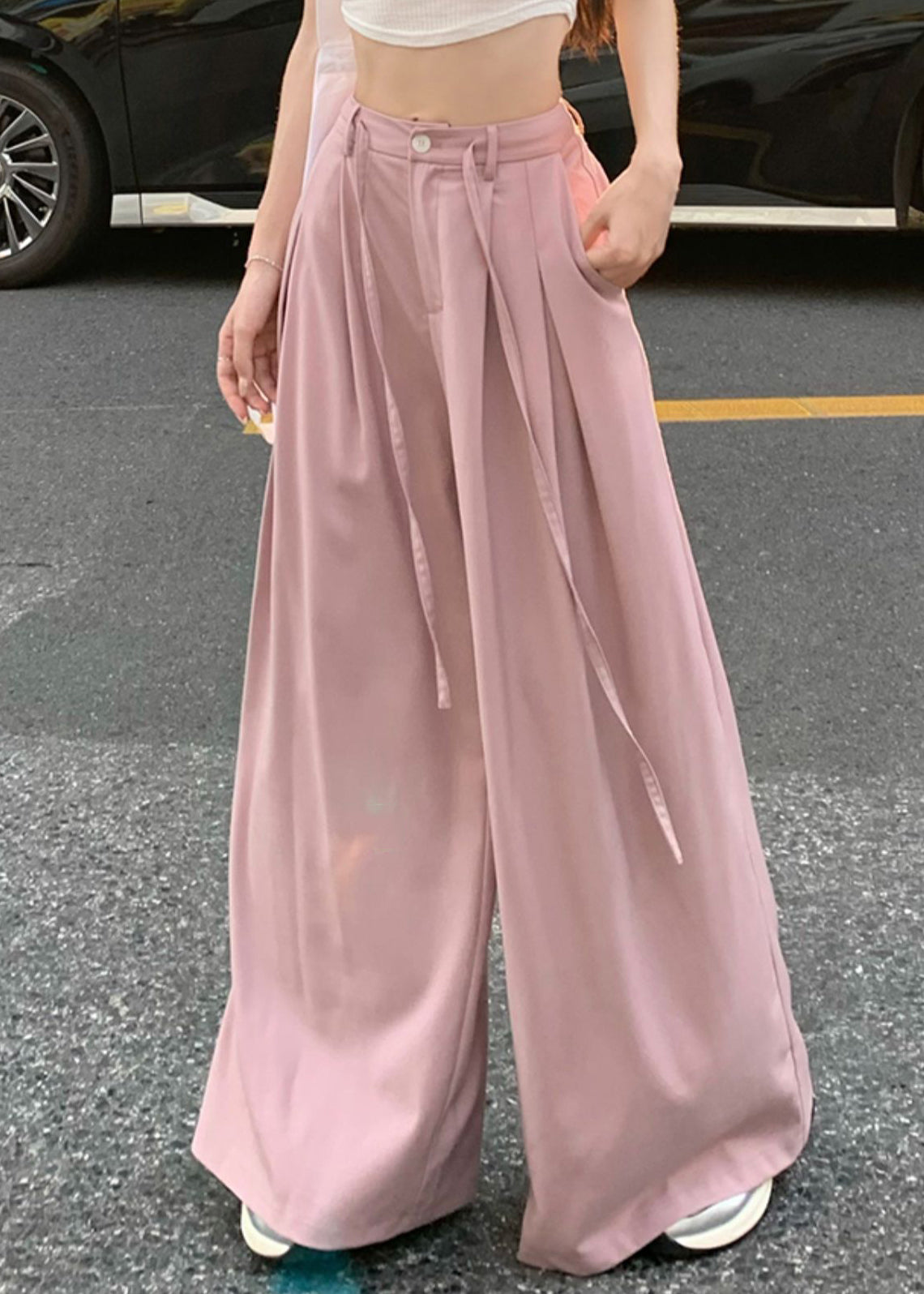 Art Pink Pockets High Waist Patchwork Spandex Wide Leg Pants Summer Ada Fashion