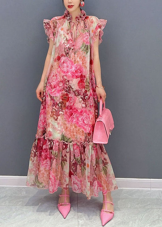 Art Pink Ruffled Print Patchwork Chiffon Two Piece Set Dresses Summer LC0360 - fabuloryshop
