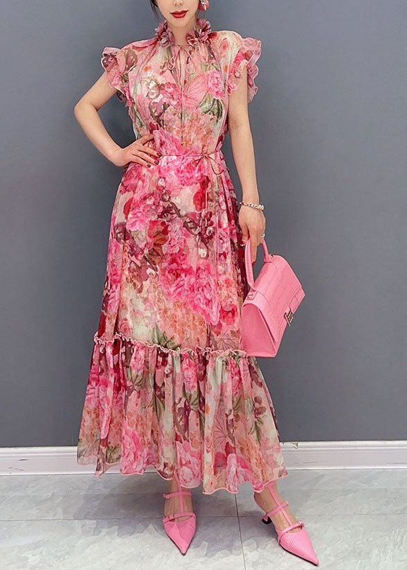 Art Pink Ruffled Print Patchwork Chiffon Two Piece Set Dresses Summer LC0360 - fabuloryshop