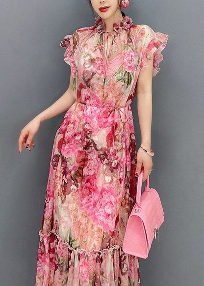 Art Pink Ruffled Print Patchwork Chiffon Two Piece Set Dresses Summer LC0360 - fabuloryshop