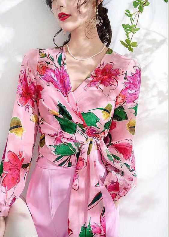 Art Pink V Neck Print Tie Waist Silk Shirts Long Sleeve LY1533 - fabuloryshop