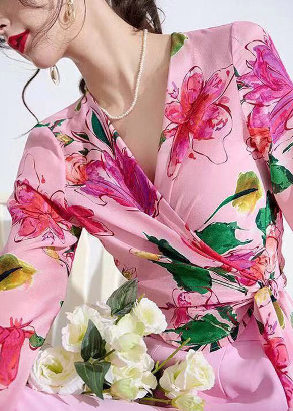 Art Pink V Neck Print Tie Waist Silk Shirts Long Sleeve LY1533 - fabuloryshop