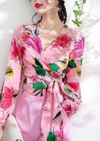 Art Pink V Neck Print Tie Waist Silk Shirts Long Sleeve LY1533 - fabuloryshop