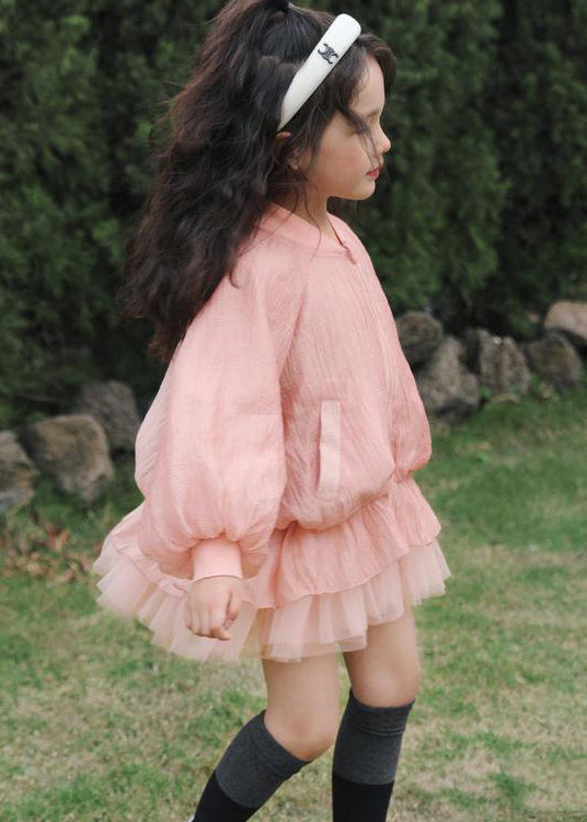 Art Pink Zip Up Pockets Patchwork Tulle Girls Dress Fall Ada Fashion