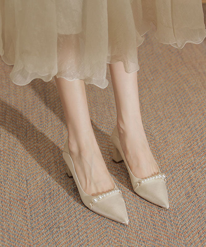 Art Pointed Toe Chunky High Heels Beige Pearl Heels LC0172 - fabuloryshop