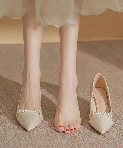 Art Pointed Toe Chunky High Heels Beige Pearl Heels LC0172 - fabuloryshop