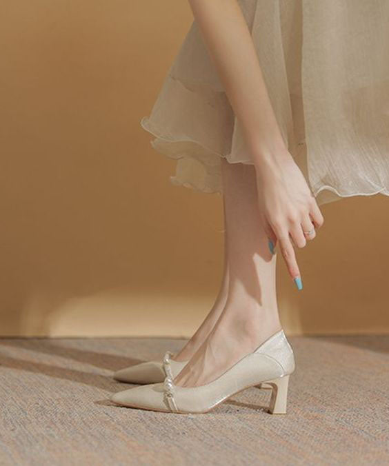 Art Pointed Toe Chunky High Heels Beige Pearl Heels LC0172 - fabuloryshop