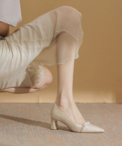 Art Pointed Toe Chunky High Heels Beige Pearl Heels LC0172 - fabuloryshop