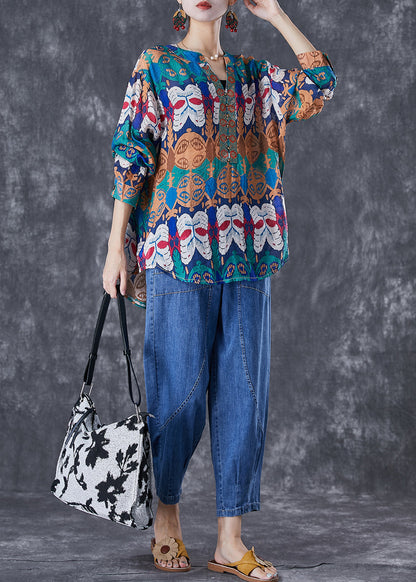 Art Print Oversized Rivet Cotton Shirts And Denim Pants Two Pieces Set Summer TD1034 - fabuloryshop