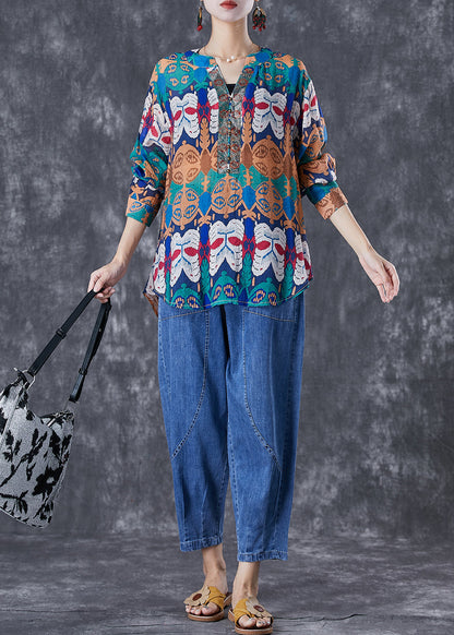 Art Print Oversized Rivet Cotton Shirts And Denim Pants Two Pieces Set Summer TD1034 - fabuloryshop