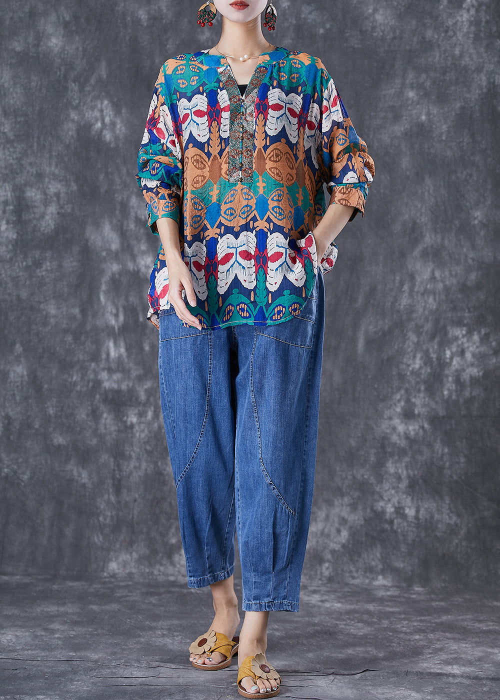 Art Print Oversized Rivet Cotton Shirts And Denim Pants Two Pieces Set Summer TD1034 - fabuloryshop