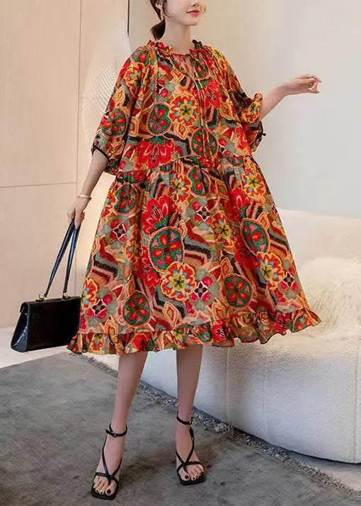 Art Print Ruffled Laxe Up Patchwork Cotton Dress Half Sleeve Ada Fashion