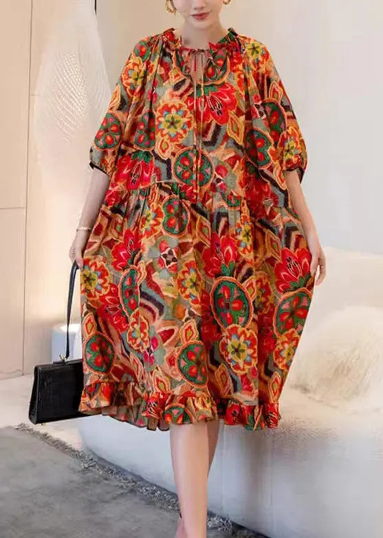 Art Print Ruffled Laxe Up Patchwork Cotton Dress Half Sleeve Ada Fashion