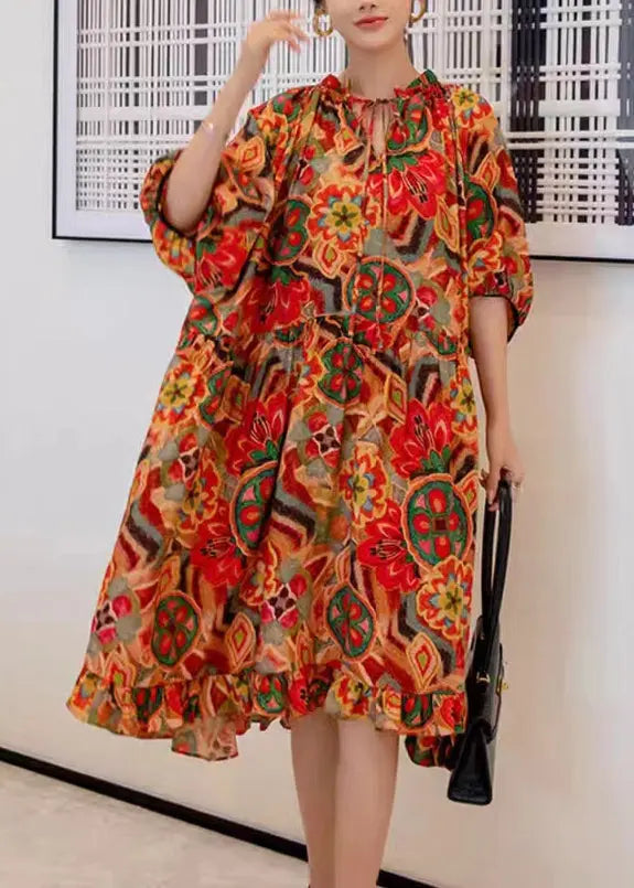 Art Print Ruffled Laxe Up Patchwork Cotton Dress Half Sleeve Ada Fashion