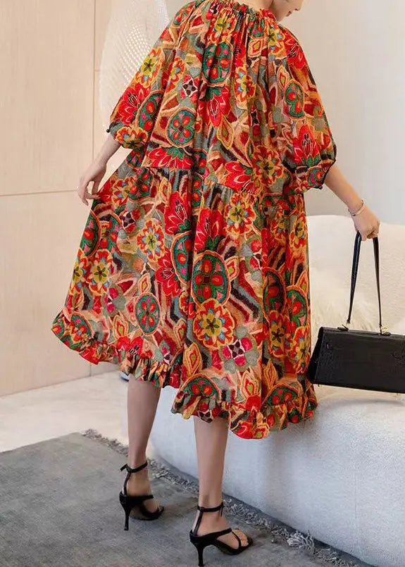 Art Print Ruffled Laxe Up Patchwork Cotton Dress Half Sleeve Ada Fashion