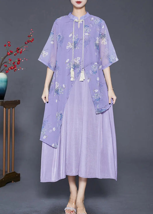 Art Purple Asymmetrical Patchwork Silk Chinese Style Dress Summer Ada Fashion