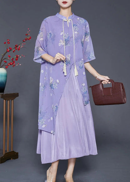 Art Purple Asymmetrical Patchwork Silk Chinese Style Dress Summer Ada Fashion