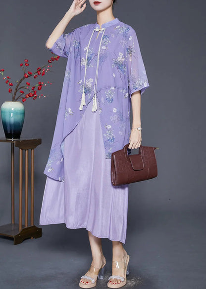 Art Purple Asymmetrical Patchwork Silk Chinese Style Dress Summer Ada Fashion