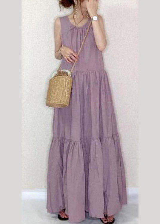 Art Purple O-Neck Patchwork Wrinkled Cotton Long Dress Summer LY1985 - fabuloryshop