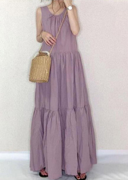 Art Purple O-Neck Patchwork Wrinkled Cotton Long Dress Summer LY1985 - fabuloryshop