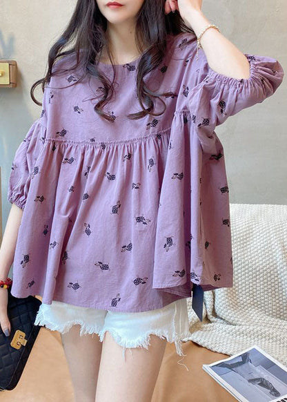 Art Purple O Neck Print Wrinkled Patchwork Cotton Top Spring LY2945 - fabuloryshop