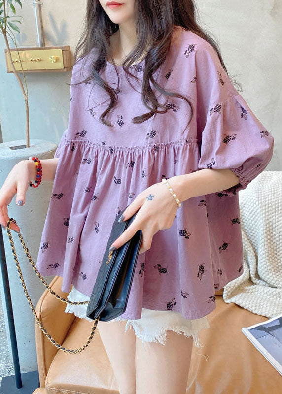 Art Purple O Neck Print Wrinkled Patchwork Cotton Top Spring LY2945 - fabuloryshop