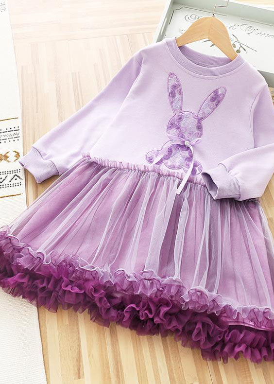 Art Purple O-Neck Rabbit Print Patchwork Tulle Kids Long Dress Fall Ada Fashion