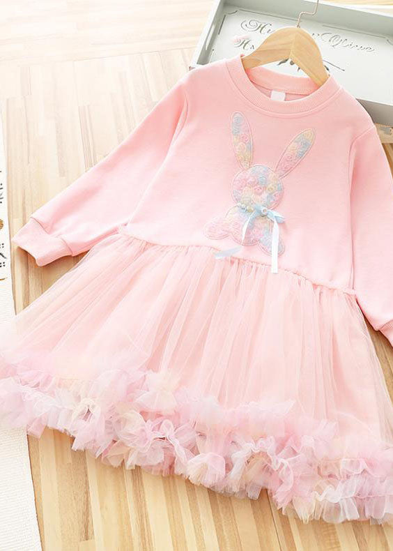 Art Purple O-Neck Rabbit Print Patchwork Tulle Kids Long Dress Fall Ada Fashion