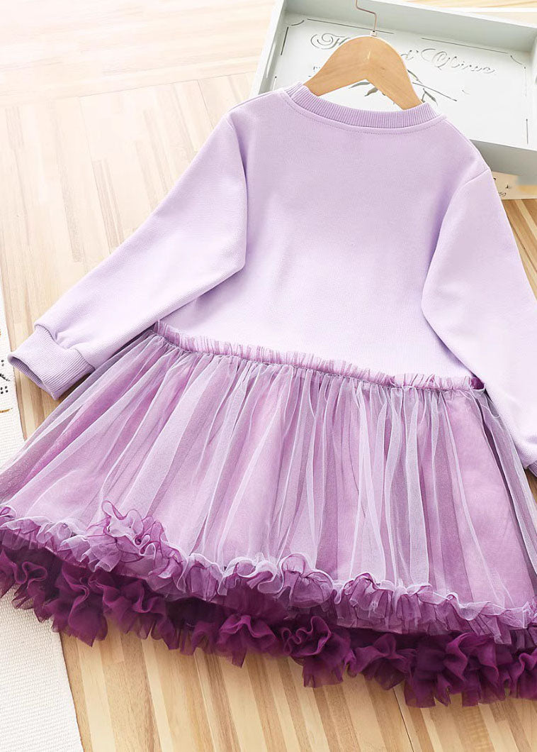 Art Purple O-Neck Rabbit Print Patchwork Tulle Kids Long Dress Fall Ada Fashion