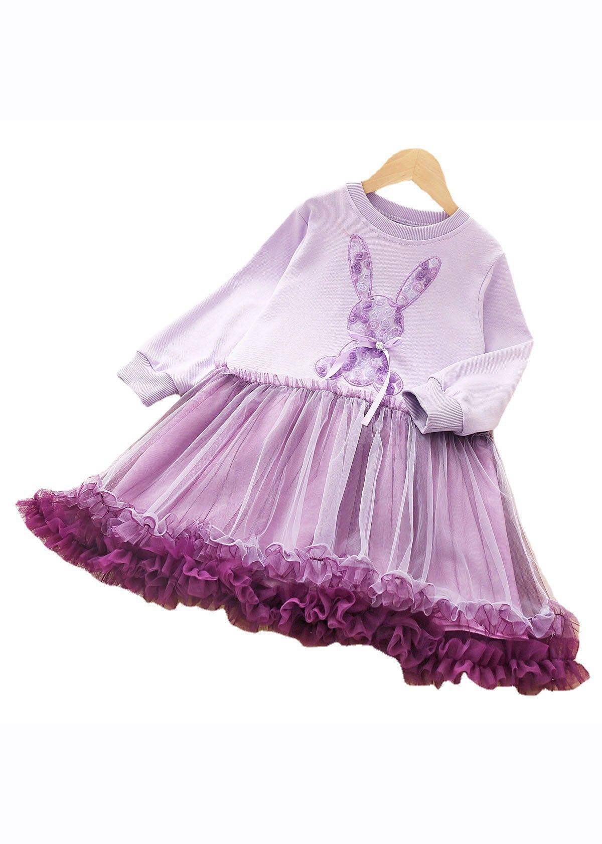 Art Purple O-Neck Rabbit Print Patchwork Tulle Kids Long Dress Fall Ada Fashion