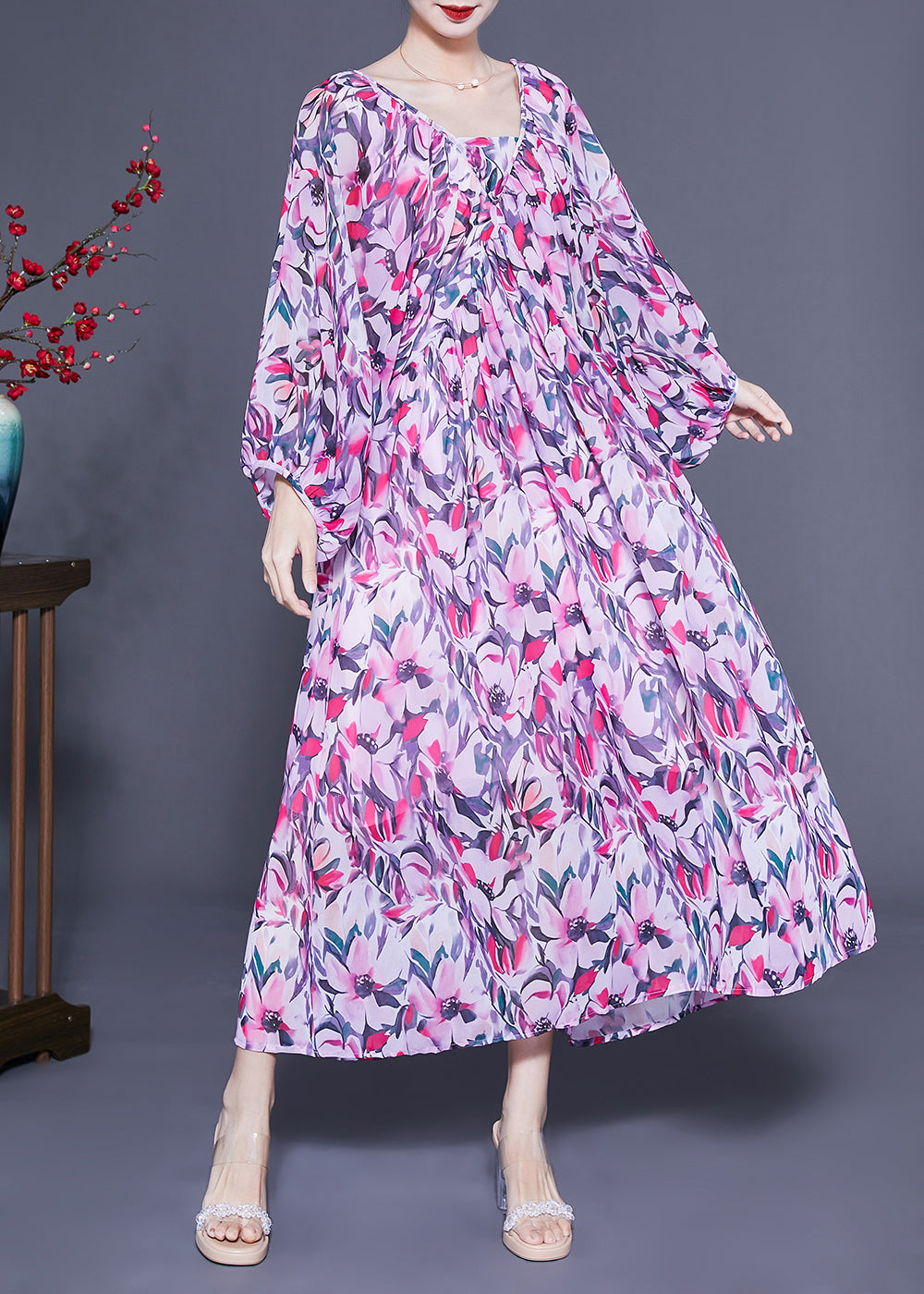 Art Purple Oversized Backless Print Chiffon Ankle Dress Lantern Sleeve LC0417 - fabuloryshop