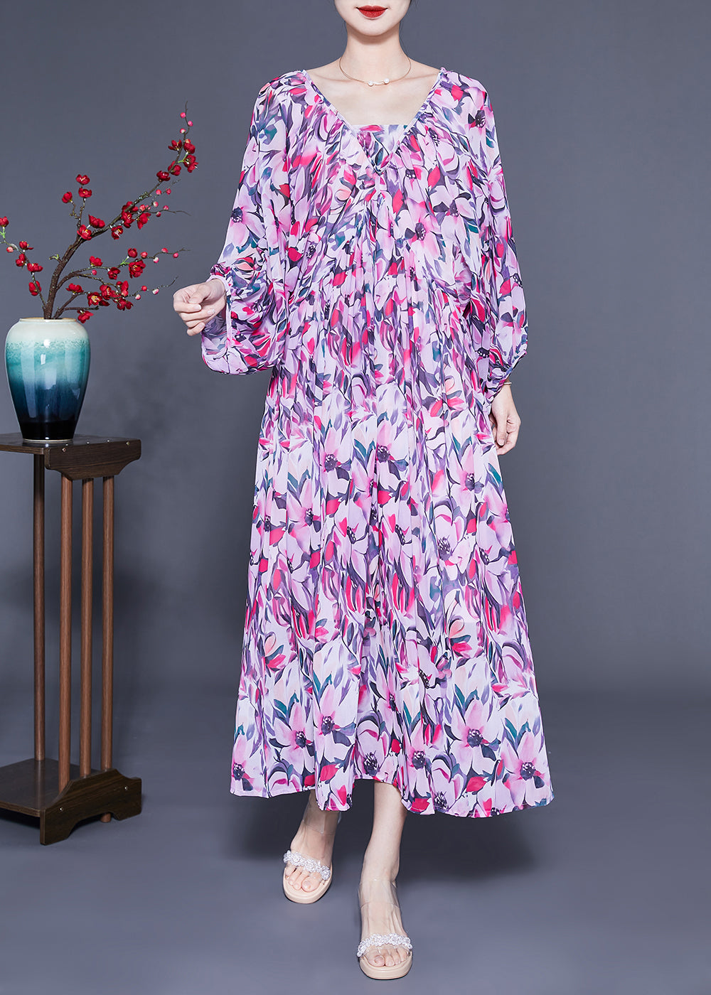 Art Purple Oversized Backless Print Chiffon Ankle Dress Lantern Sleeve LC0417 - fabuloryshop