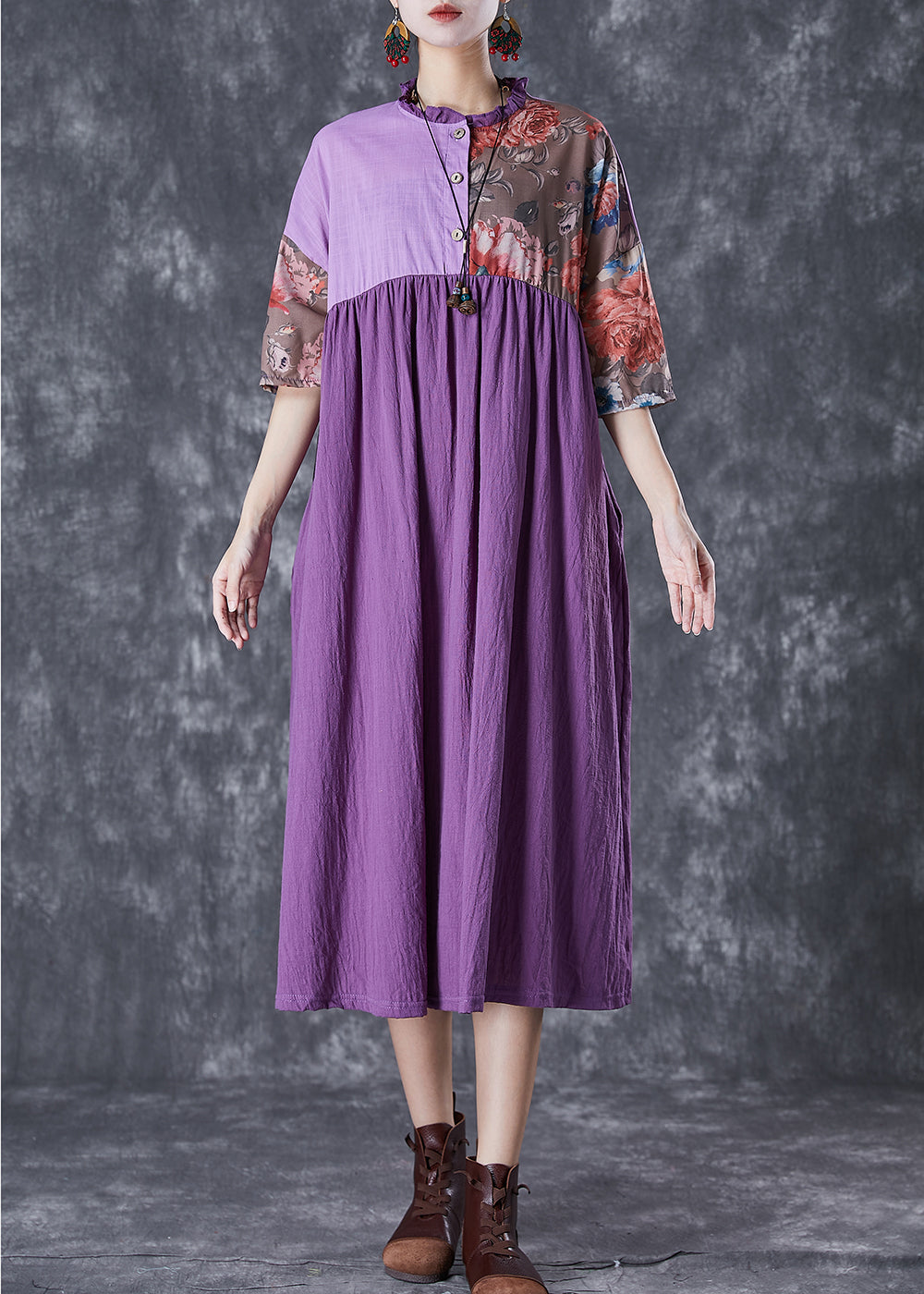 Art Purple Ruffled Patchwork Asymmetrical Linen Dress Summer LY7078 - fabuloryshop