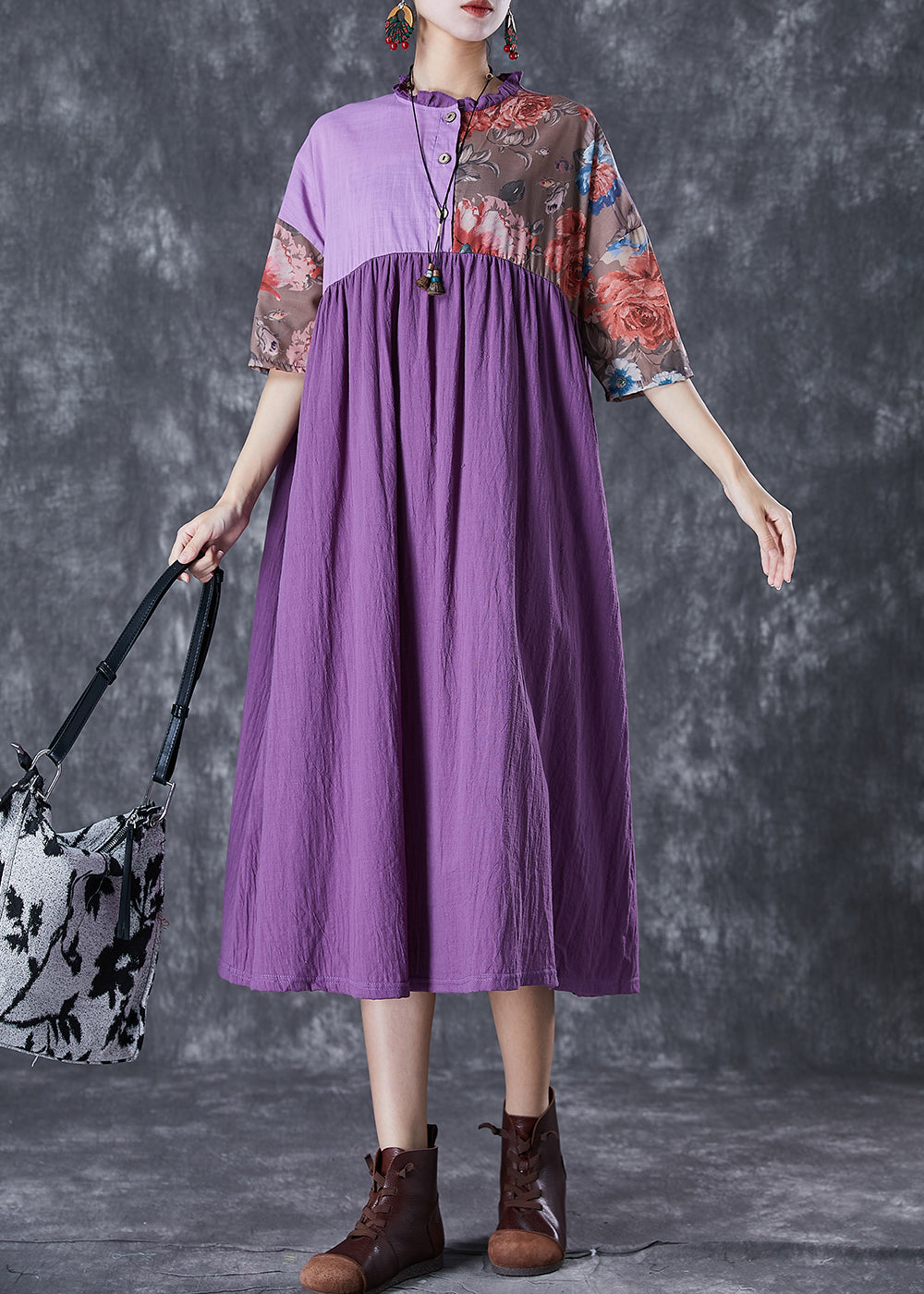 Art Purple Ruffled Patchwork Asymmetrical Linen Dress Summer LY7078 - fabuloryshop