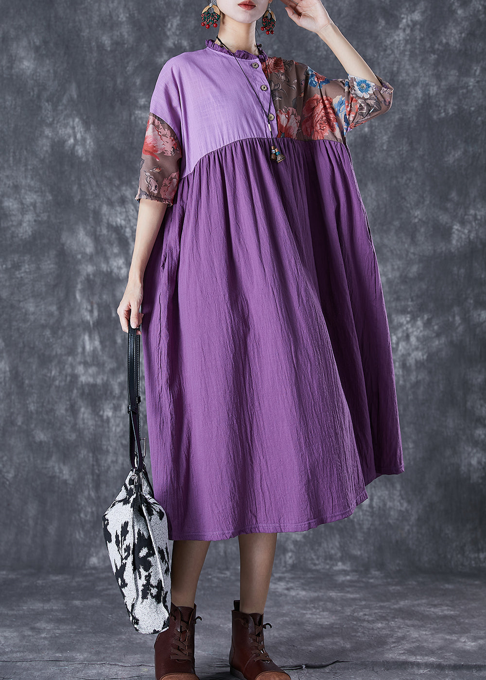 Art Purple Ruffled Patchwork Asymmetrical Linen Dress Summer LY7078 - fabuloryshop