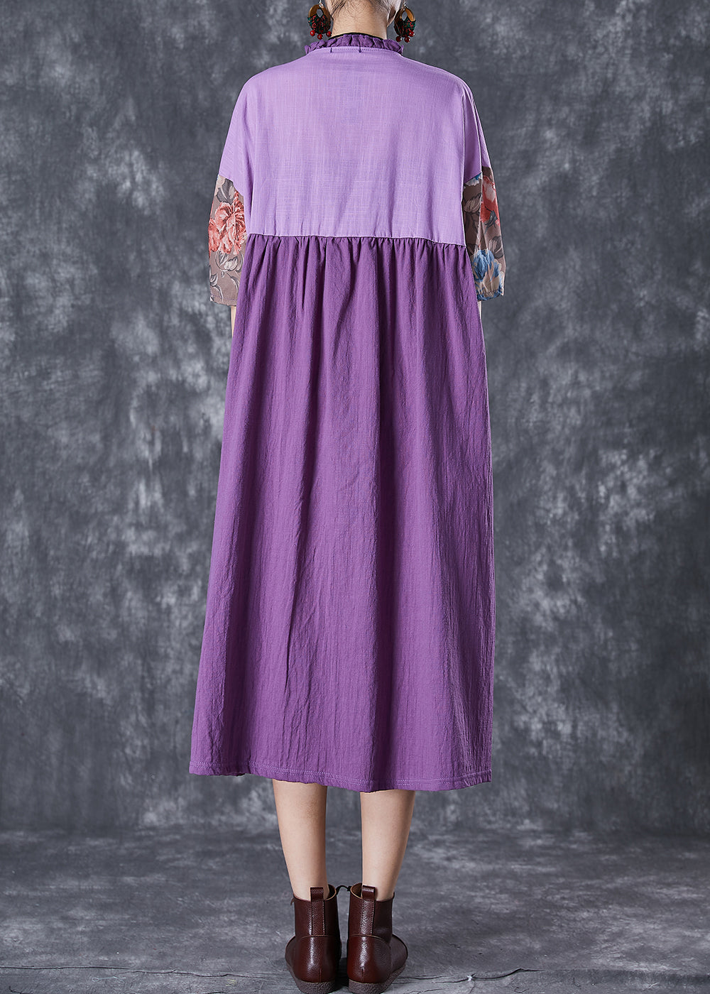 Art Purple Ruffled Patchwork Asymmetrical Linen Dress Summer LY7078 - fabuloryshop