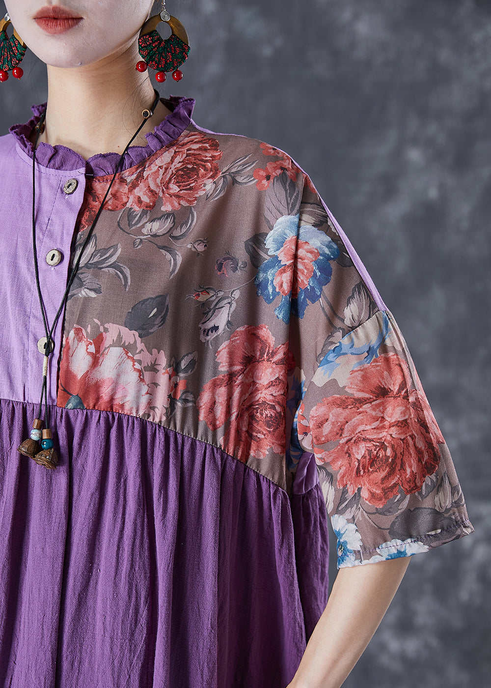 Art Purple Ruffled Patchwork Asymmetrical Linen Dress Summer LY7078 - fabuloryshop