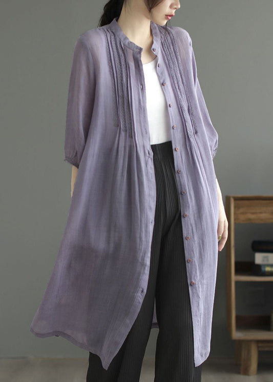 Art Purple Stand Collar Wrinkled Patchwork Linen Shirts Dresses Summer LY2494 - fabuloryshop