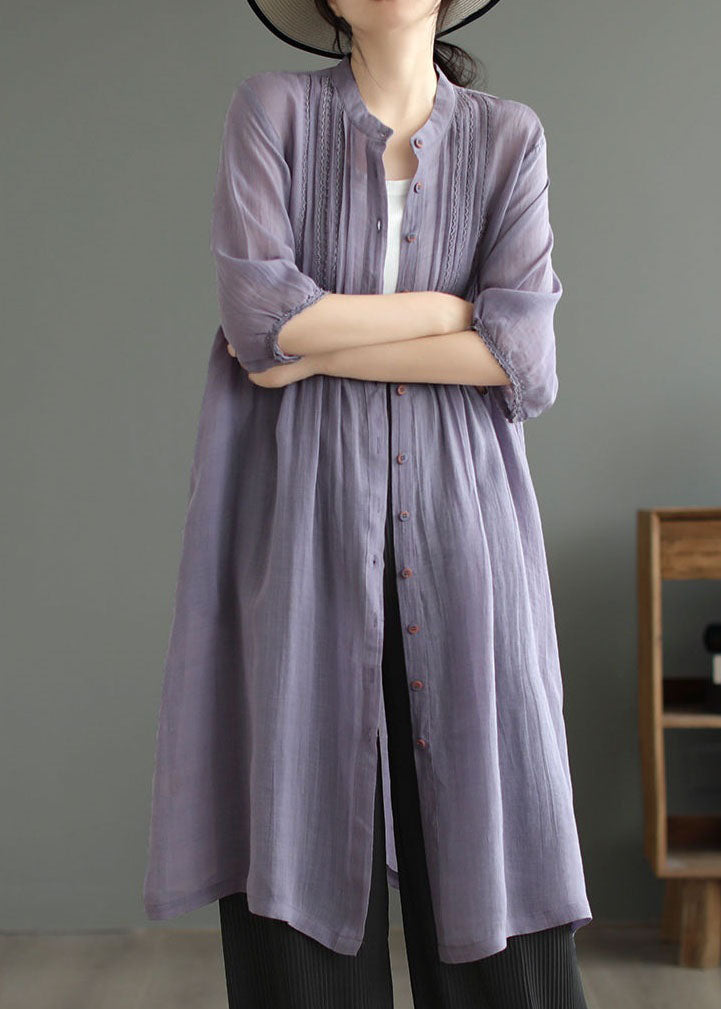 Art Purple Stand Collar Wrinkled Patchwork Linen Shirts Dresses Summer LY2494