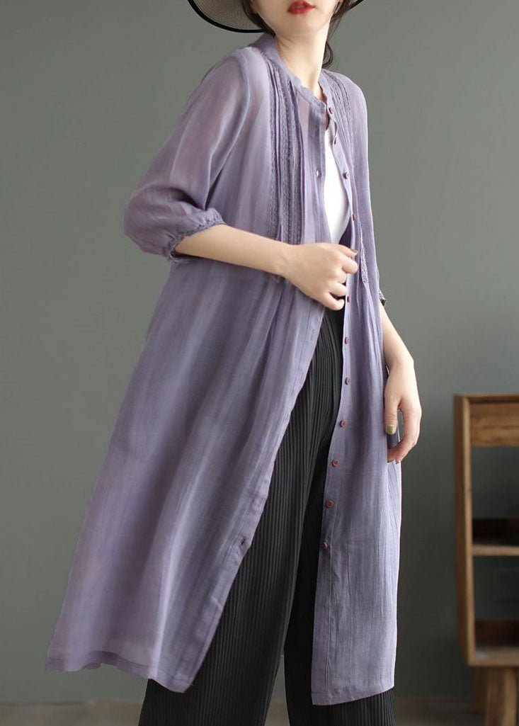 Art Purple Stand Collar Wrinkled Patchwork Linen Shirts Dresses Summer LY2494 - fabuloryshop