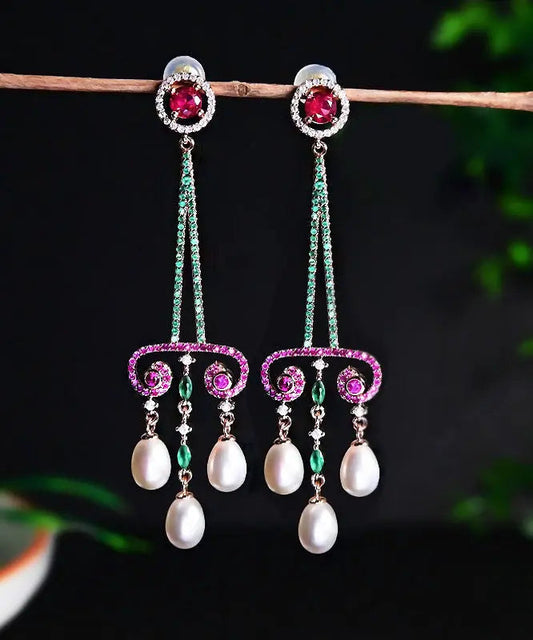 Art Purple Sterling Silver Pearl Zircon Water Drop Tassel Drop Earrings Ada Fashion