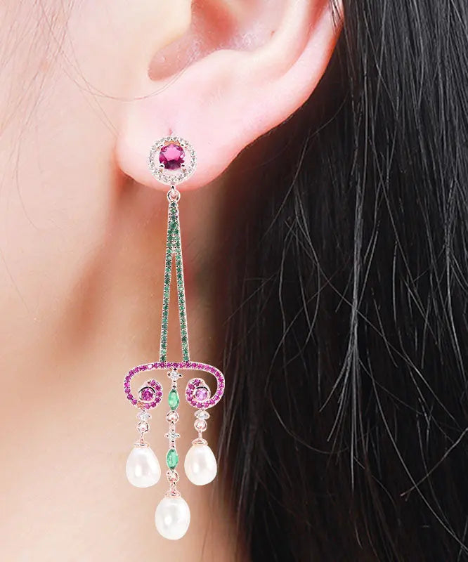 Art Purple Sterling Silver Pearl Zircon Water Drop Tassel Drop Earrings Ada Fashion