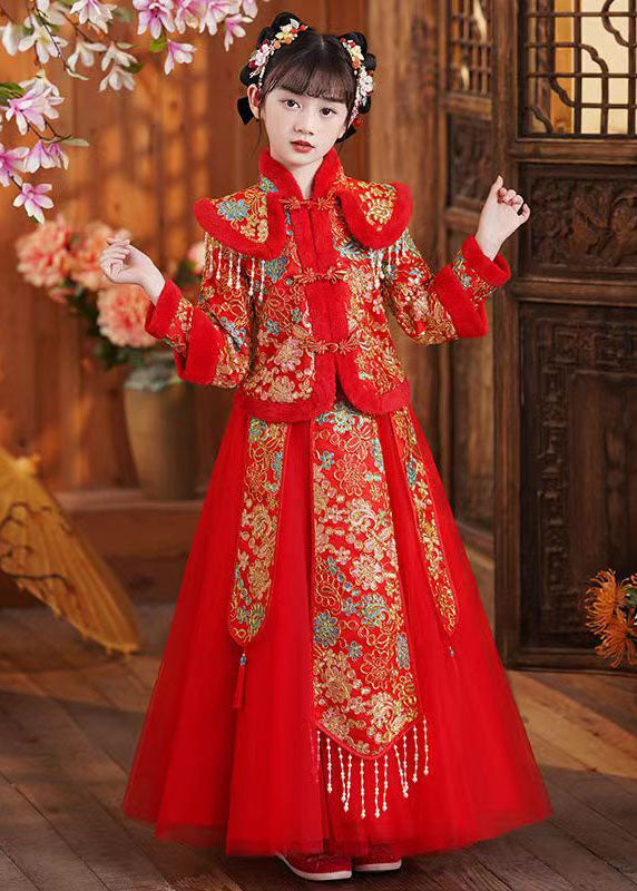 Art Red Embroideried Warm Fleece Kids Coats And Maxi Skirts Two Piece Set Long Sleeve Ada Fashion